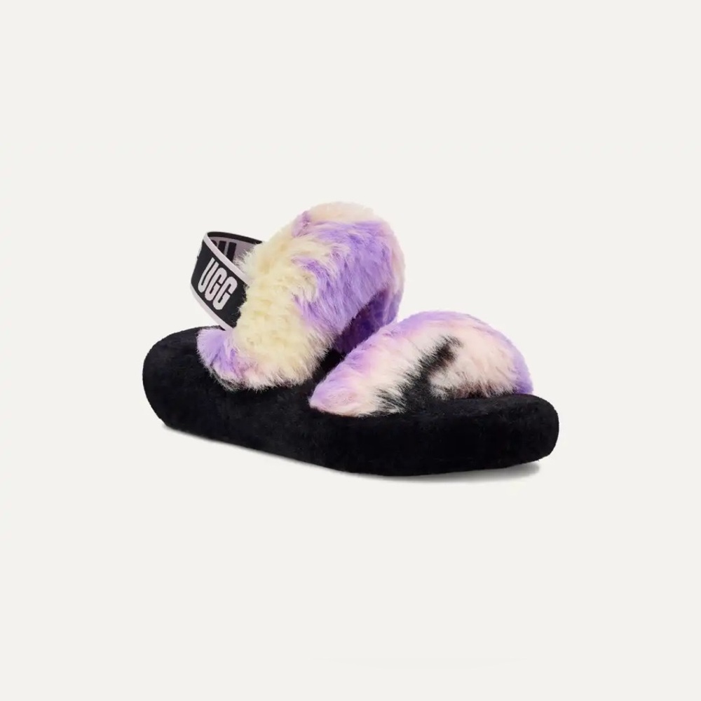 Women’s Brand New UGG Oh Yeah Tie Dye Purple Slingback Furry Slippers Size 9